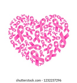 Pink ribbon fill in heart shape. Breast Cancer Awareness. Icon design for poster, banner, t-shirt. Vector illustration isolated on white background.