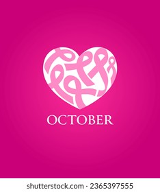 Pink ribbon fill in heart shape. October, Breast Cancer Awareness Month.  Design for poster, banner, t-shirt. Vector illustration