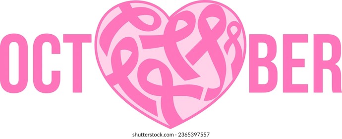 Pink ribbon fill in heart shape. October, Breast Cancer Awareness Month.  Design for poster, banner, t-shirt. Vector illustration