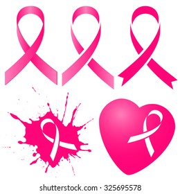 Pink ribbon in five versions isolated on white. National Breast Cancer Awareness Month. Vector illustration
