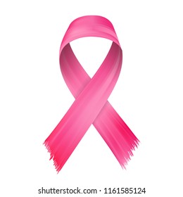 Pink ribbon flow, breast cancer awareness symbol. Brushstroke on white background.. Ribbon isolated line. Realistic volume wave. Liquid paint ink shape. Real vector illustration swirl blur.