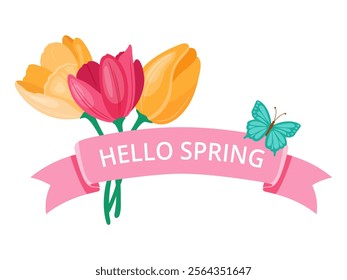 Pink ribbon with flowers and a butterfly. Text Hello Spring. Cute Vector illustration.