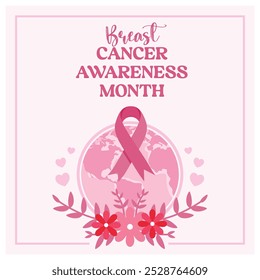 Pink ribbon with flowers and globe. Breast cancer awareness month. Breast cancer awareness concept. Flat vector illustration.