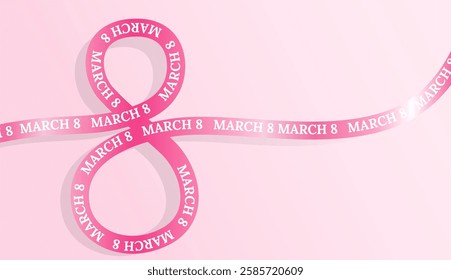 Pink ribbon forming the number 8 with text 8th March on soft pink gradient background representing International Women's Day. Vector illustration for banner, website, holiday greeting cards, posters