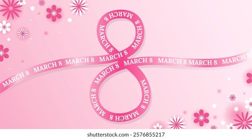 Pink ribbon forming the number eight with March 8 text, surrounded by floral decorations on a soft pink gradient background Vector illustration banner background. International Women's Day Design