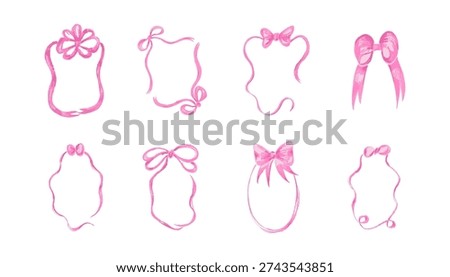 Pink ribbon frame. Bow border. Decorative element for design. Hand drawn scribble crayon cards. Wedding, birthday gifts. Romantic valentine day decor. Curly and wavy forms. Vector isolated set