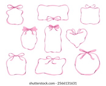 Pink Ribbon Frames with Bows Collection. A collection of 9 pink ribbon frames, featuring bows and flowing edges in heart, round, and rectangular shapes for elegant and feminine designs