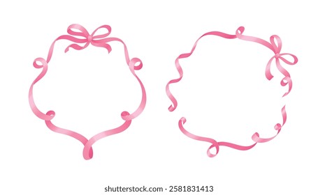 Pink ribbon frames set isolated on white background. Vector realistic illustration of silk lace swirls tied in coquette bows, elegant design elements for fancy wedding, birthday, party invitation card