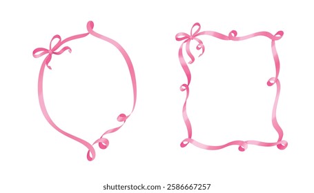 Pink ribbon frames set isolated on white background. Vector realistic illustration of silk lace swirls tied in coquette bows, elegant design elements for fancy wedding, birthday, party invitation card