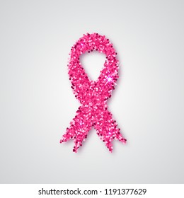 Pink ribbon. Pink glitter ribbon symbol of breast cancer awareness on white background. Element with shadow