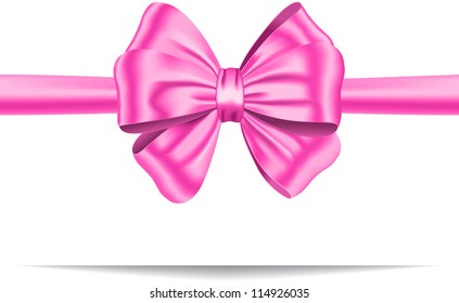 Pink ribbon with gorgeous bow. Gift card. Vector illustration