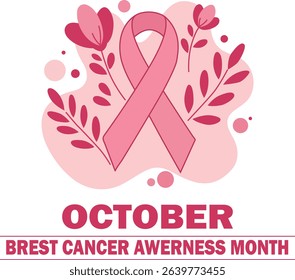 Pink ribbon graphic surrounded by floral elements promoting October breast cancer awareness month, supporting charity and offering support for affected individuals.