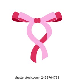 Pink ribbon for hair. Flat vector illustration. Trendy bow for presents wrapping. Gift birthday sale decor. Cute vintage hairstyle element