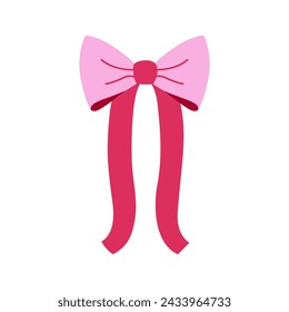 Pink ribbon for hair. Flat vector illustration. Trendy bow for presents wrapping. Gift birthday sale decor. Cute vintage hairstyle element