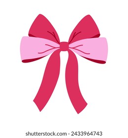 Pink ribbon for hair. Flat vector illustration. Trendy bow for presents wrapping. Gift birthday sale decor. Cute vintage hairstyle element