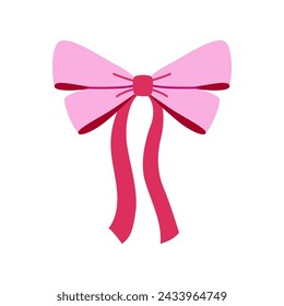 Pink ribbon for hair. Flat vector illustration. Trendy bow for presents wrapping. Gift birthday sale decor. Cute vintage hairstyle element