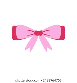 Pink ribbon for hair. Flat vector illustration. Trendy bow for presents wrapping. Gift birthday sale decor. Cute vintage hairstyle element