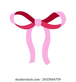 Pink ribbon for hair. Flat vector illustration. Trendy bow for presents wrapping. Gift birthday sale decor. Cute vintage hairstyle element