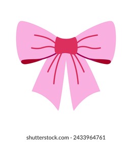 Pink ribbon for hair. Flat vector illustration. Trendy bow for presents wrapping. Gift birthday sale decor. Cute vintage hairstyle element