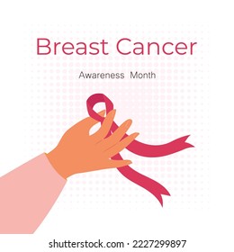 A pink ribbon in the hand as a symbol of the fight against breast cancer in women. Vector banner. Breast Cancer Awareness Month.
