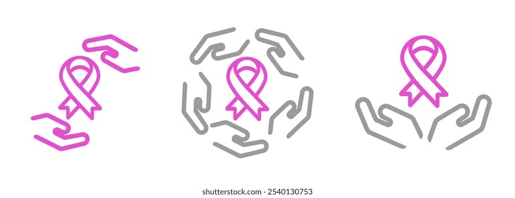 Cinta rosada con las manos alrededor del icono del logotipo conjunto de la línea de colección del diseño del trazo del símbolo de la fundación de la organización solidaria del cáncer de mama