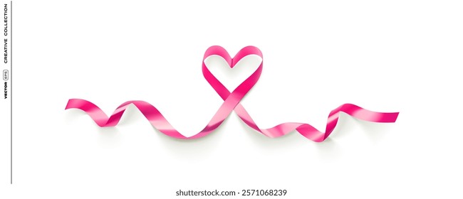 Pink ribbon in heart shape on transparent background. Realistic vector design for Valentine Day. Red tinsel ribbon for wedding, birthday, love, woman's day or romantic decoration of ribbon heart