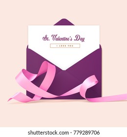Pink Ribbon Heart shape and open envelope, vector illustration. Happy Valentines day concept. Girly beautiful Invitation for e-mail, design template.