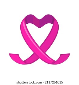 Pink ribbon icon in shape of heart in flat style isolated on white background.