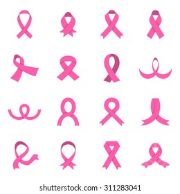 Pink ribbon icons. Breast cancer awareness ribbons. Collection of sixteen pink flat icons isolated on a white background. A vector illustration