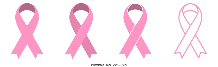 Pink ribbon icons set. Breast cancer awareness ribbon. Women cancer awareness symbol. Flat and outline style