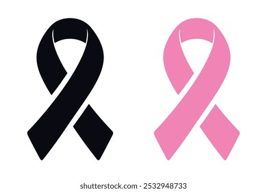 Conjunto de iconos de cinta rosa. Cinta de concienciación sobre el cáncer de mama. Símbolo de conciencia del cáncer de las mujeres. Estilo plano y contorno, Vector