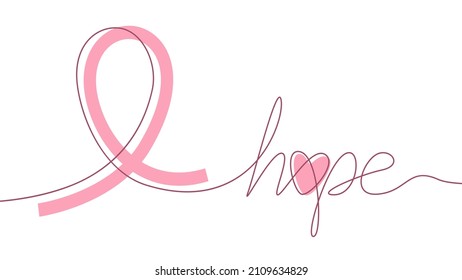 Pink Ribbon And Inscription Hope Line Art. Breast Cancer Awareness.Vector Stock Illustration. 