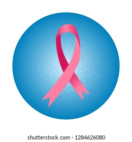 Pink ribbon inside blue circle on white background