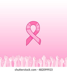 Pink ribbon, international symbol of breast cancer awareness. Vector hand drawn illustration with raised hands of many people