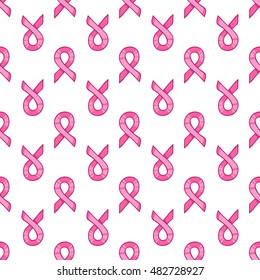 Pink ribbon, international symbol of breast cancer awareness. Vector hand drawn illustration, seamless pattern on white background. Design element for card, package, web site