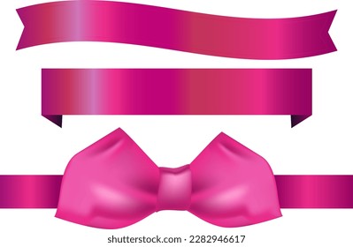 Pink ribbon isolated on white background, Realistic Pink bow shiny satin, Pink ribbons set.Vector ribbon banners, Purple blank price tags, labels or badges. Ribbon banners for advertising, Vector eps.