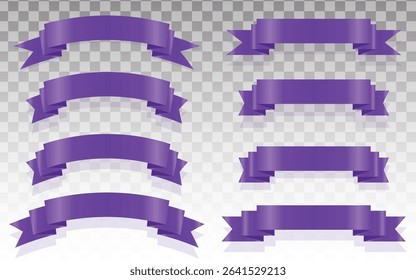 Pink ribbon isolated on white background, Realistic Purple bow shiny satin, Purple ribbons set. Vector ribbon banners, Purple blank price tags, labels or badges. Ribbon banners for advertising.