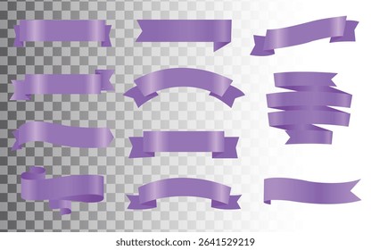 Pink ribbon isolated on white background, Realistic Purple bow shiny satin, Purple ribbons set. Vector ribbon banners, Purple blank price tags, labels or badges. Ribbon banners for advertising.