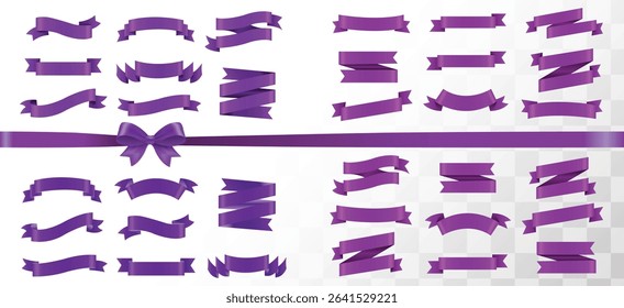 Pink ribbon isolated on white background, Realistic Purple bow shiny satin, Purple ribbons set. Vector ribbon banners, Purple blank price tags, labels or badges. Ribbon banners for advertising.