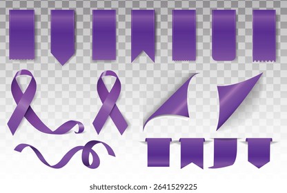 Pink ribbon isolated on white background, Realistic Purple bow shiny satin, Purple ribbons set. Vector ribbon banners, Purple blank price tags, labels or badges. Ribbon banners for advertising.
