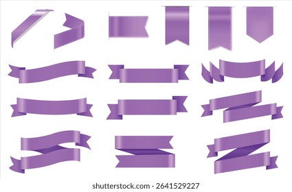 Pink ribbon isolated on white background, Realistic Purple bow shiny satin, Purple ribbons set. Vector ribbon banners, Purple blank price tags, labels or badges. Ribbon banners for advertising.