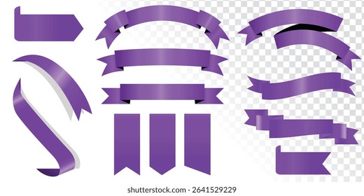 Pink ribbon isolated on white background, Realistic Purple bow shiny satin, Purple ribbons set. Vector ribbon banners, Purple blank price tags, labels or badges. Ribbon banners for advertising.