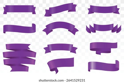 Pink ribbon isolated on white background, Realistic Purple bow shiny satin, Purple ribbons set. Vector ribbon banners, Purple blank price tags, labels or badges. Ribbon banners for advertising.