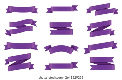 Pink ribbon isolated on white background, Realistic Purple bow shiny satin, Purple ribbons set. Vector ribbon banners, Purple blank price tags, labels or badges. Ribbon banners for advertising.