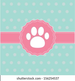 Pink ribbon and label with paw print. Card. Vector illustration.