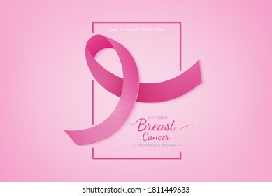Pink ribbon with love and faith over fear text on gradient background to support breast cancer awareness campaign in October