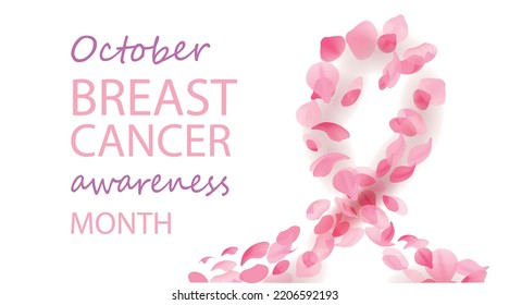 Pink Ribbon Made Of Pink Petals, Breast Cancer Awareness Symbol, Vector Illustration. For Web, Print, Title