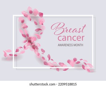 Pink Ribbon Made Of Pink Petals, Breast Cancer Awareness Symbol, Vector Illustration. For Web, Print, Title