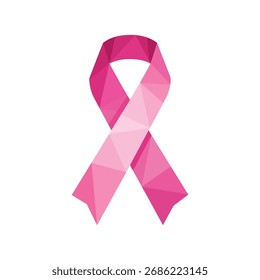 Pink ribbon in a modern low poly style. Symbol of Breast Cancer Awareness Month. Geometric vector illustration for support, hope, and cancer prevention campaign.

