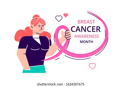 Pink ribbon month of breast cancer, international breast cancer day worldwide, women embracing themselves with ribbons as a concern for breast cancer. Flat style modern design vector illustration